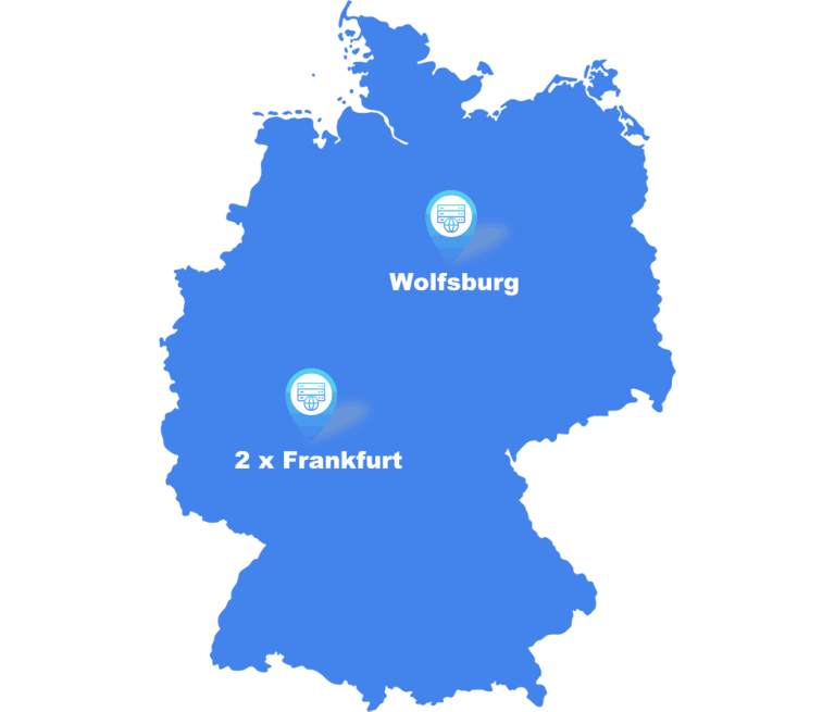 Karte von Deutschland mit Rechenzentrumsstandorten in Wolfsburg und zwei Rechenzentren in Frankfurt.