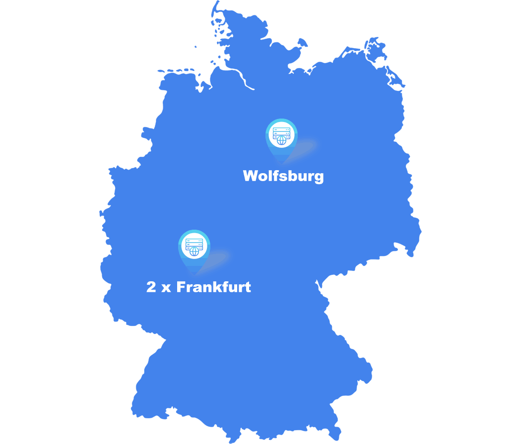 Karte von Deutschland mit Rechenzentrumsstandorten in Wolfsburg und zwei Rechenzentren in Frankfurt.