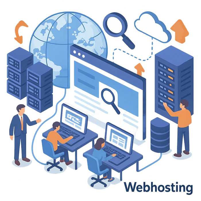 IT-Spezialisten verwalten Webhosting-Server mit Cloud-Anbindung und globaler Netzwerkinfrastruktur.