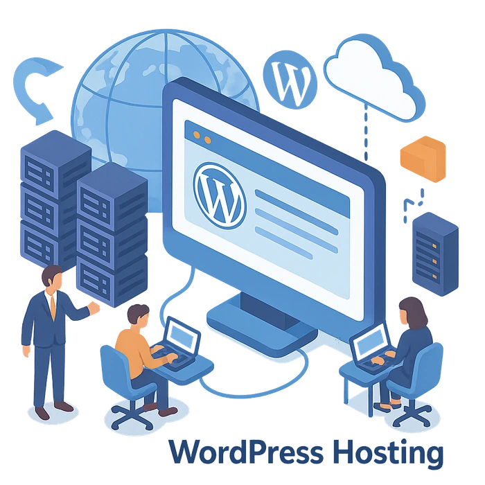 Illustration von Servern und Cloud-Systemen für professionelles WordPress Hosting und Verwaltung durch IT-Spezialisten.