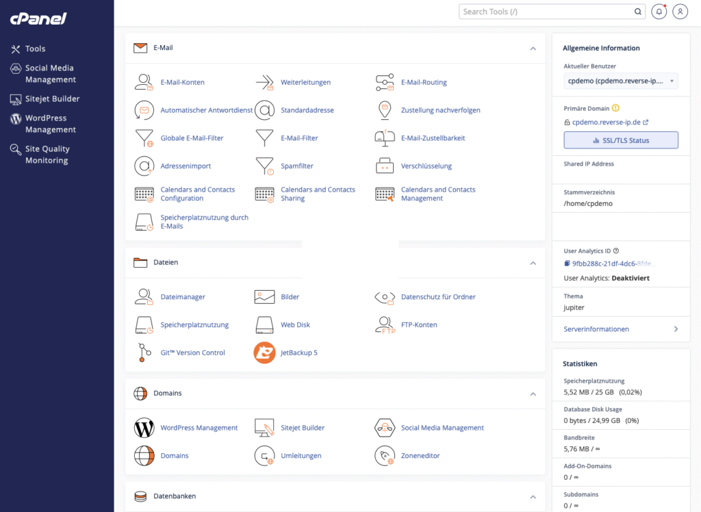 cPanel Verwaltungsoberfläche