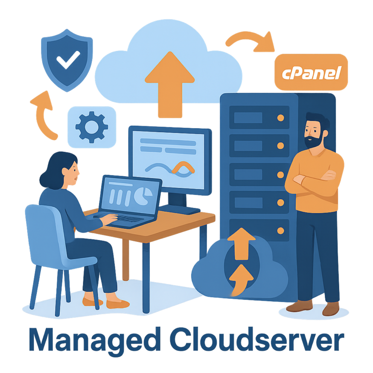 IT-Experten verwalten Managed Cloudserver mit cPanel – Cloud-Synchronisation und Servermanagement in der Cloud.