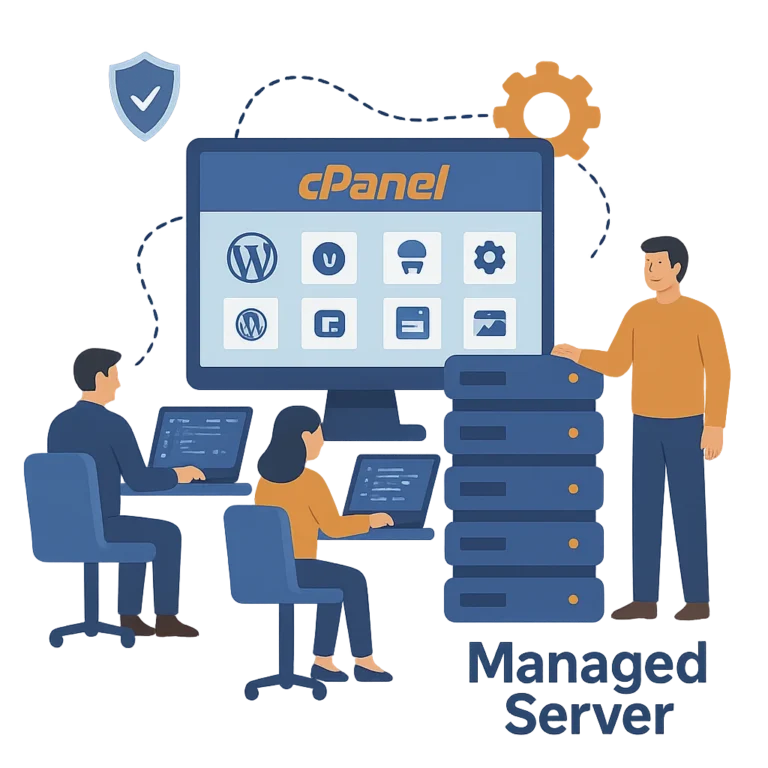 IT-Administratoren verwalten Managed Server mit cPanel in einem modernen Rechenzentrum.