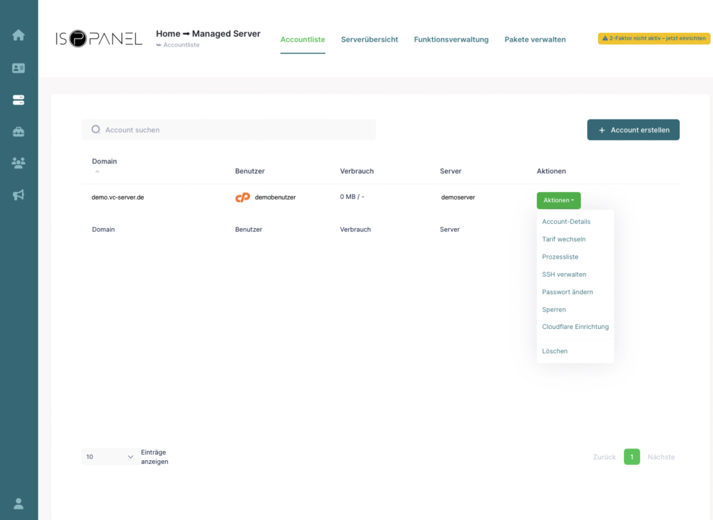 ISPPanel Accountliste