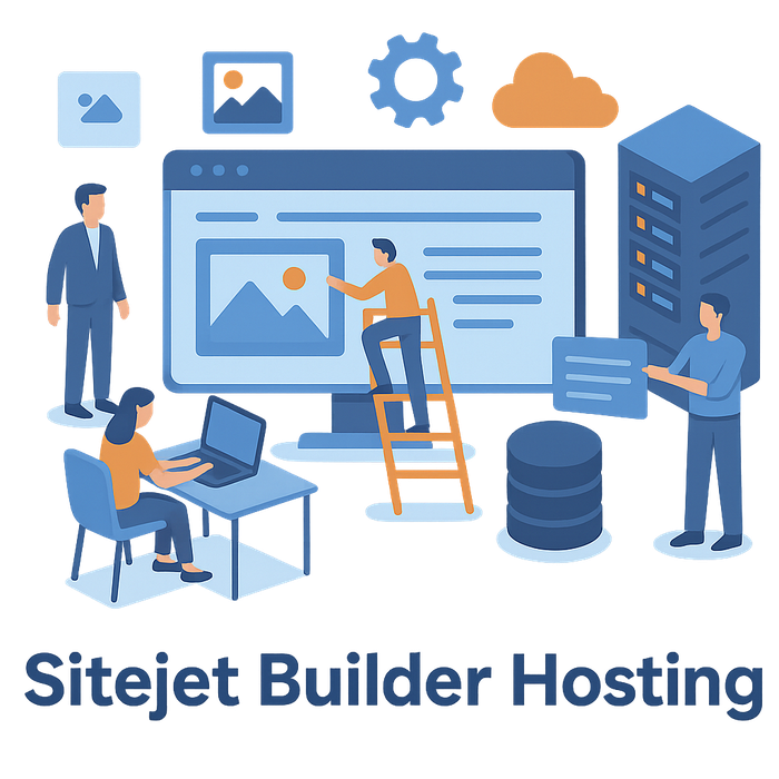 Team arbeitet mit dem Sitejet Builder an einer Website – Hosting, Webentwicklung und Design auf einem Server.