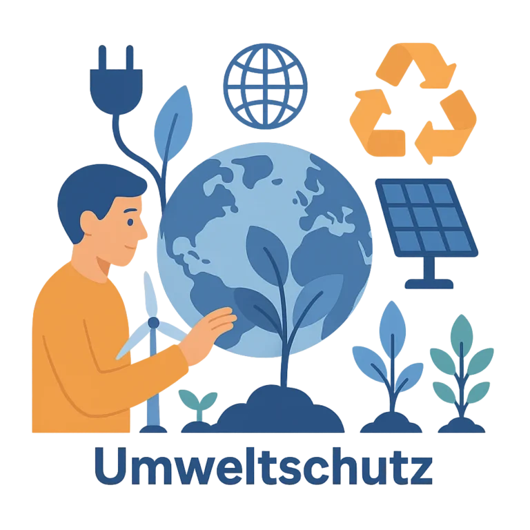 Illustration zu Umweltschutz und nachhaltiger Energie mit Erde, Pflanzen, Solarpanel und Ökostrom-Symbolen.